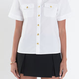 Poplin Short Sleeve Shirt with Gold Buttons