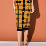 Knit Check Plaid Midi Skirt