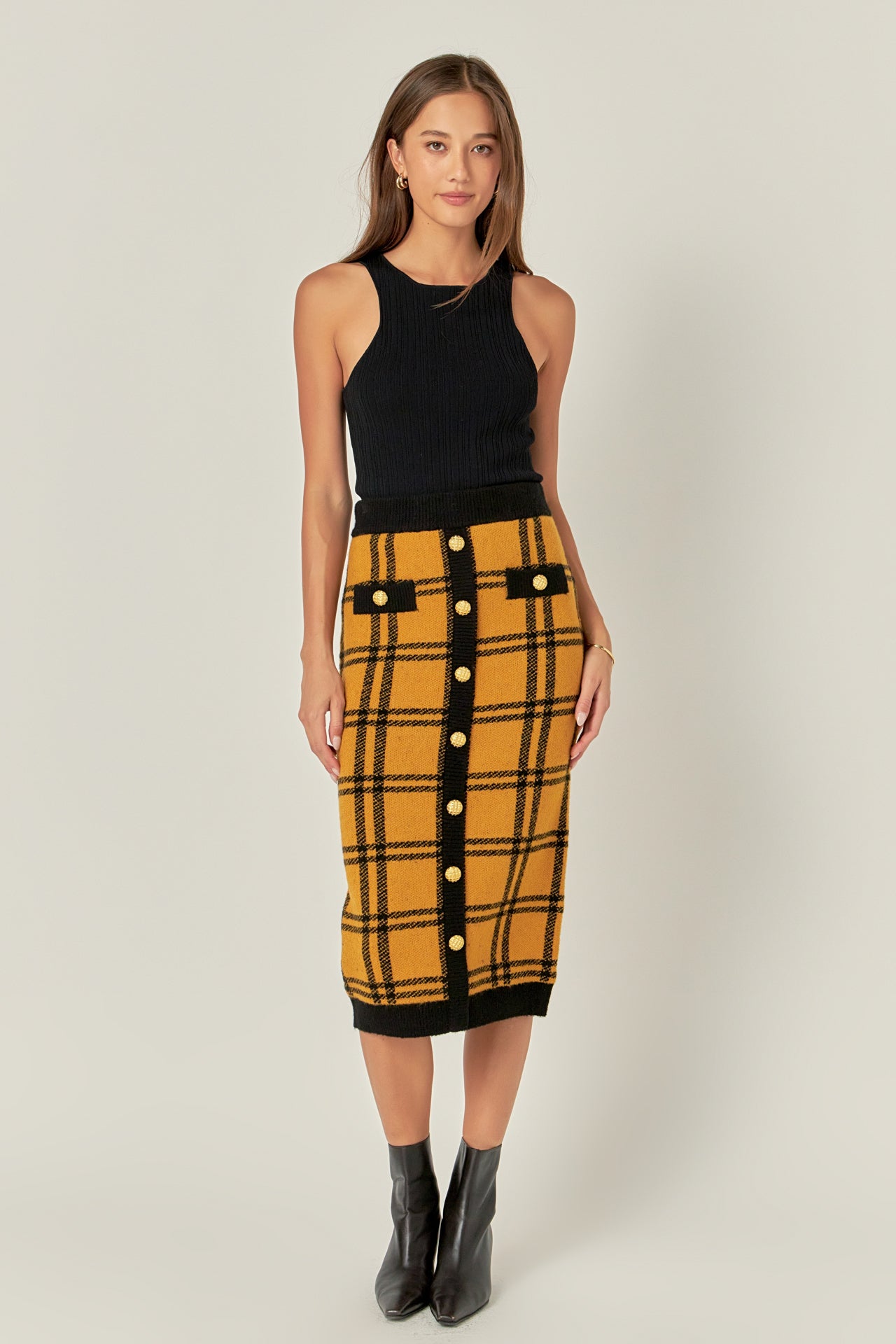 Knit Check Plaid Midi Skirt – English Factory - Main Image