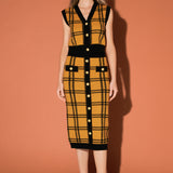 Knit Check Plaid Midi Skirt