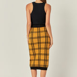 Knit Check Plaid Midi Skirt