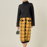 Knit Check Plaid Midi Skirt