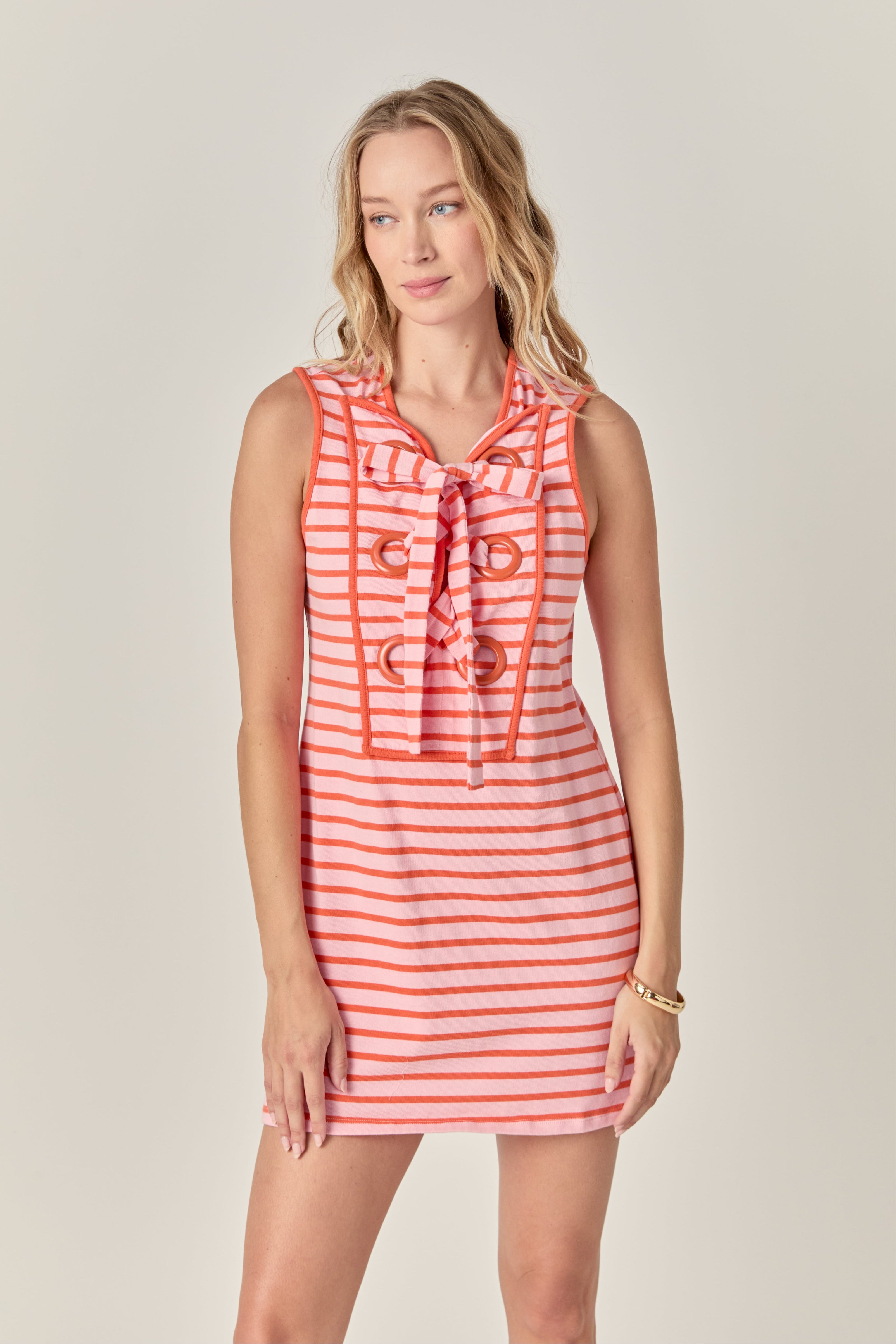 English Factory - Striped Knit Lace Up Dress NAVY/RED / M English Factory - Striped Knit Lace Up Dress NAVY/RED / M