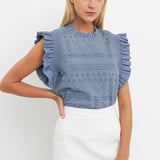 Ruffle Sleeve Embroidered Cotton Top