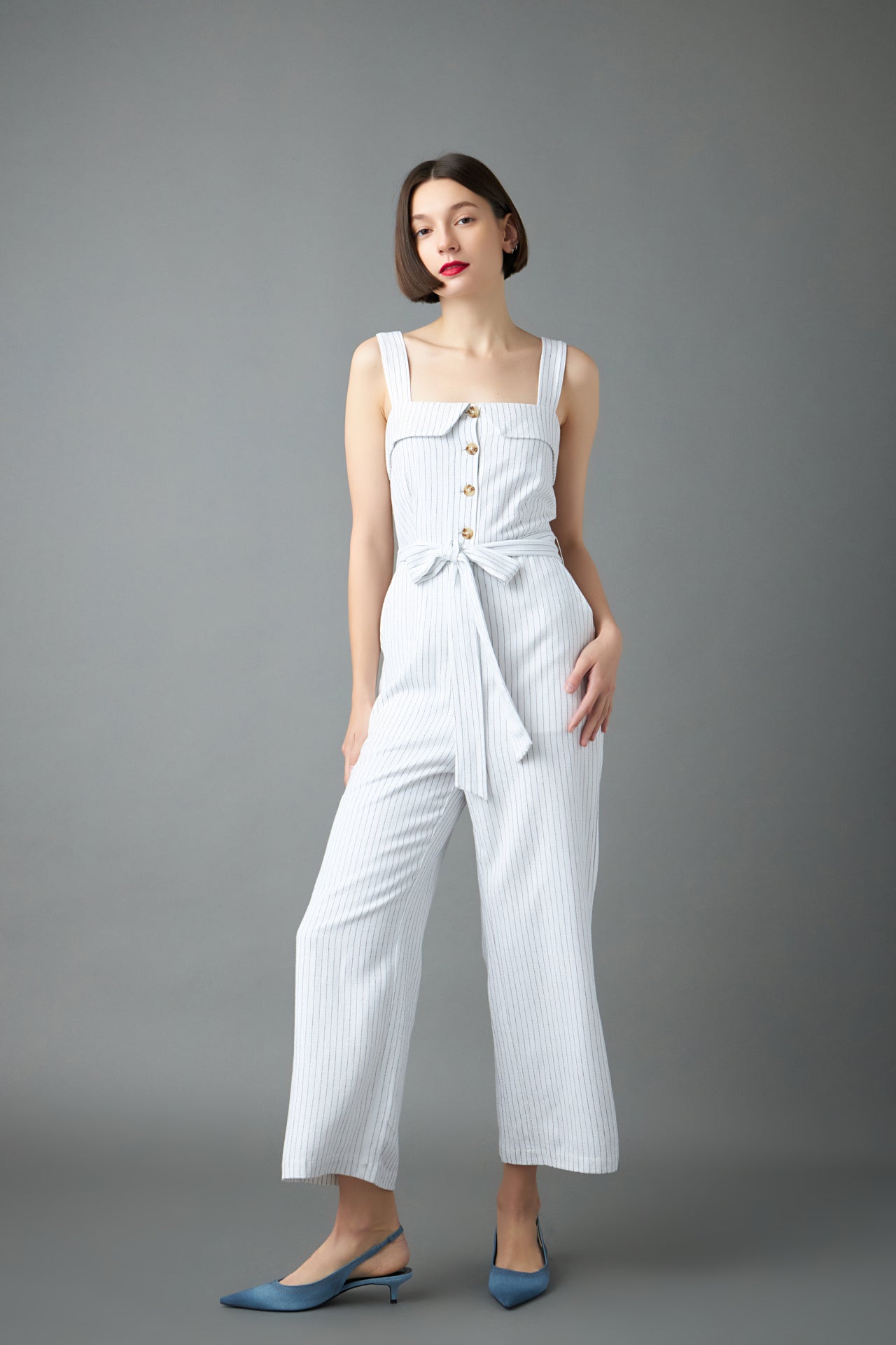 Striped Linen Jumpsuit with Wooden Buttons – English Factory