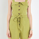 Linen Romper with Self Tie and Buttons