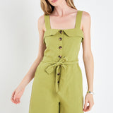 Linen Romper with Self Tie and Buttons