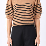 Striped Short Puff Sleeve Sweater with Buttons