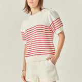 Short Puff Sleeve Striped Sweater with Buttons