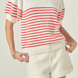 Short Puff Sleeve Striped Sweater with Buttons