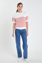 Load image into Gallery viewer, Striped Short Puff Sleeve Sweater with Buttons
