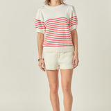 Short Puff Sleeve Striped Sweater with Buttons