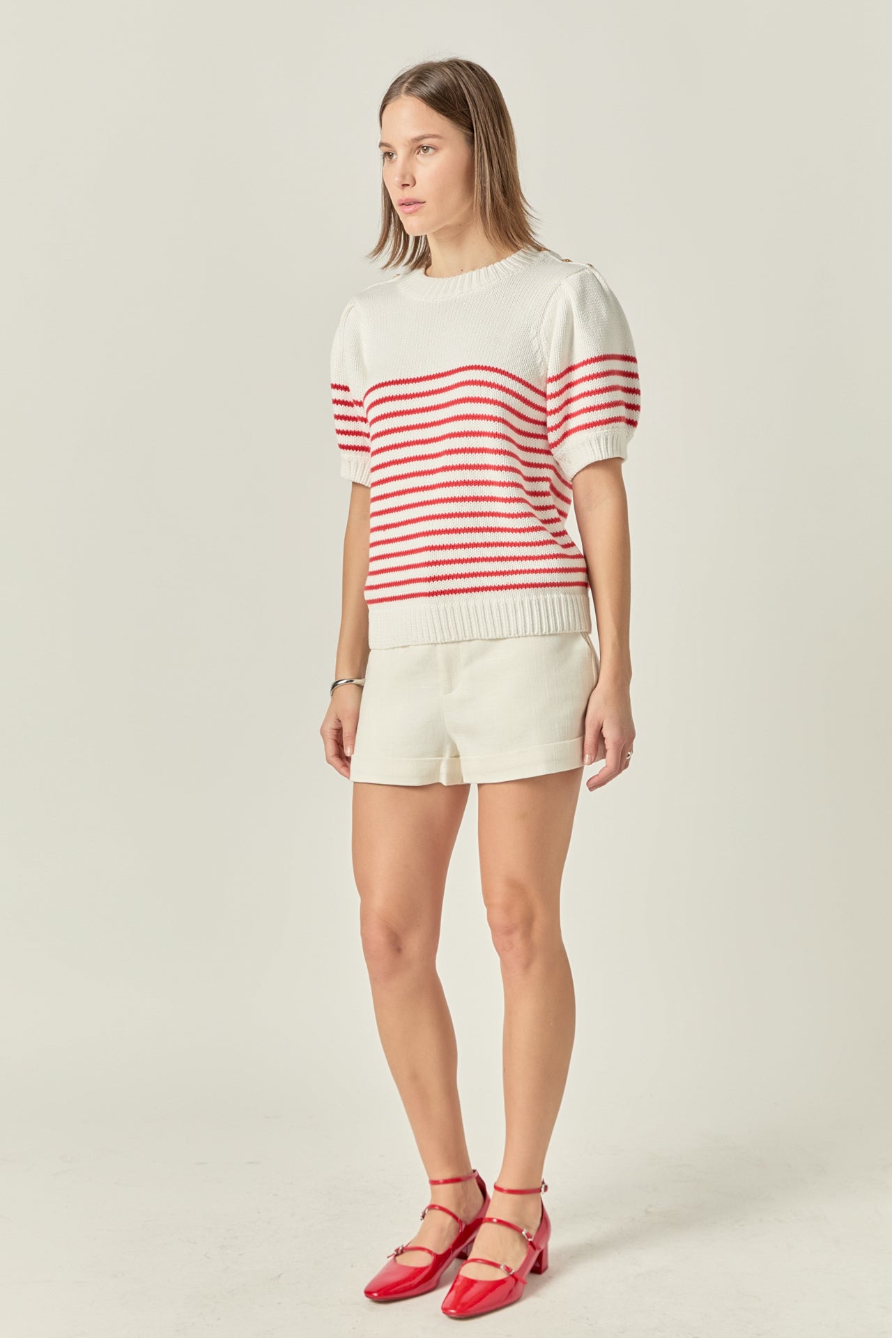 Striped Short Puff Sleeve Sweater with Buttons – English Factory