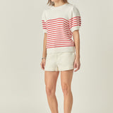 Short Puff Sleeve Striped Sweater with Buttons