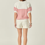 Short Puff Sleeve Striped Sweater with Buttons
