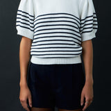 Striped Short Puff Sleeve Sweater with Buttons