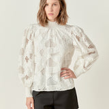 Embroidered Cotton Blouse with Smocked Neck