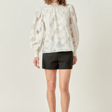 Embroidered Cotton Blouse with Smocked Neck