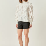 Embroidered Cotton Blouse with Smocked Neck