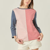 Striped Color Blocked 3/4 Length Sleeve Tee