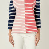 Striped Color Blocked 3/4 Length Sleeve Tee