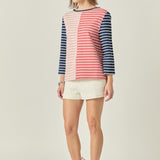 Striped Color Blocked 3/4 Length Sleeve Tee