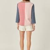 Striped Color Blocked 3/4 Length Sleeve Tee