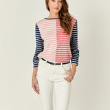 Striped Color Blocked 3/4 Length Sleeve Tee