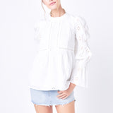 Embroidered Swiss Dot Ruched Sleeve Top