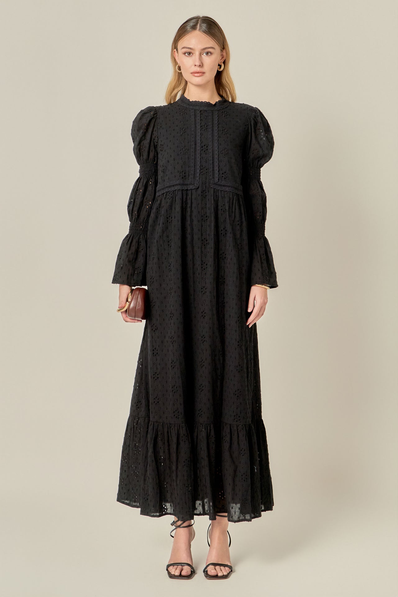embroidered swiss dot maxi dress Embroidered Swiss Dot Tiered Ruffle Long Sleeve Maxi Dress