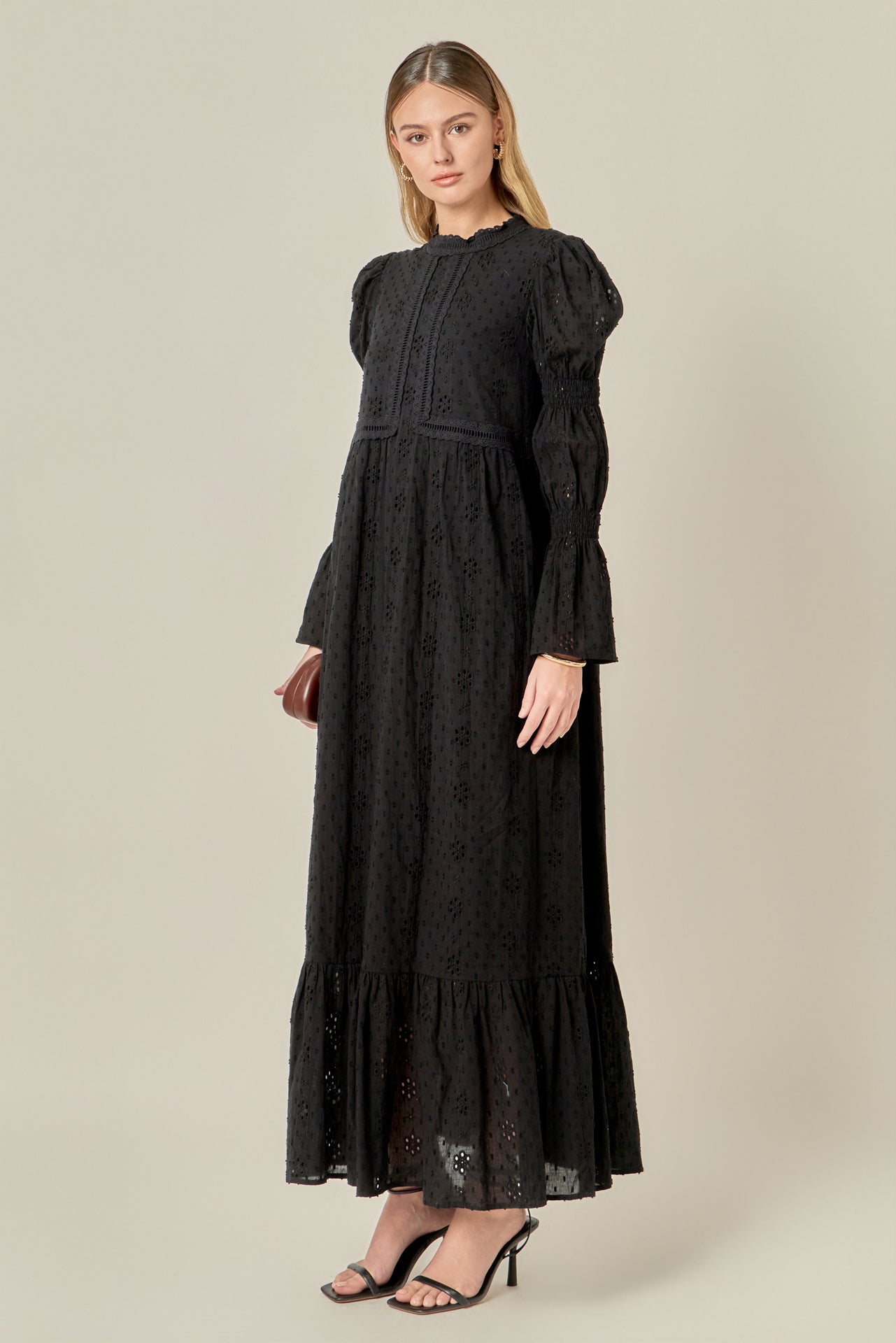 Embroidered Swiss Dot Maxi Dress Black / M