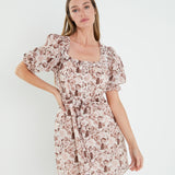 Floral Linen Mini Dress with Tie