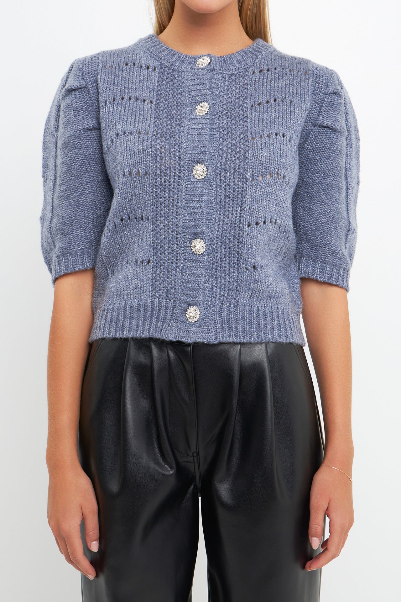売れ筋商品|||タハリエーエスエル  ニット&セーター アウター レディース Plus Size Short-Sleeve Pointelle Cardigan Pacific Blue Short Puff Sleeve Knit Cardigan – English Factory