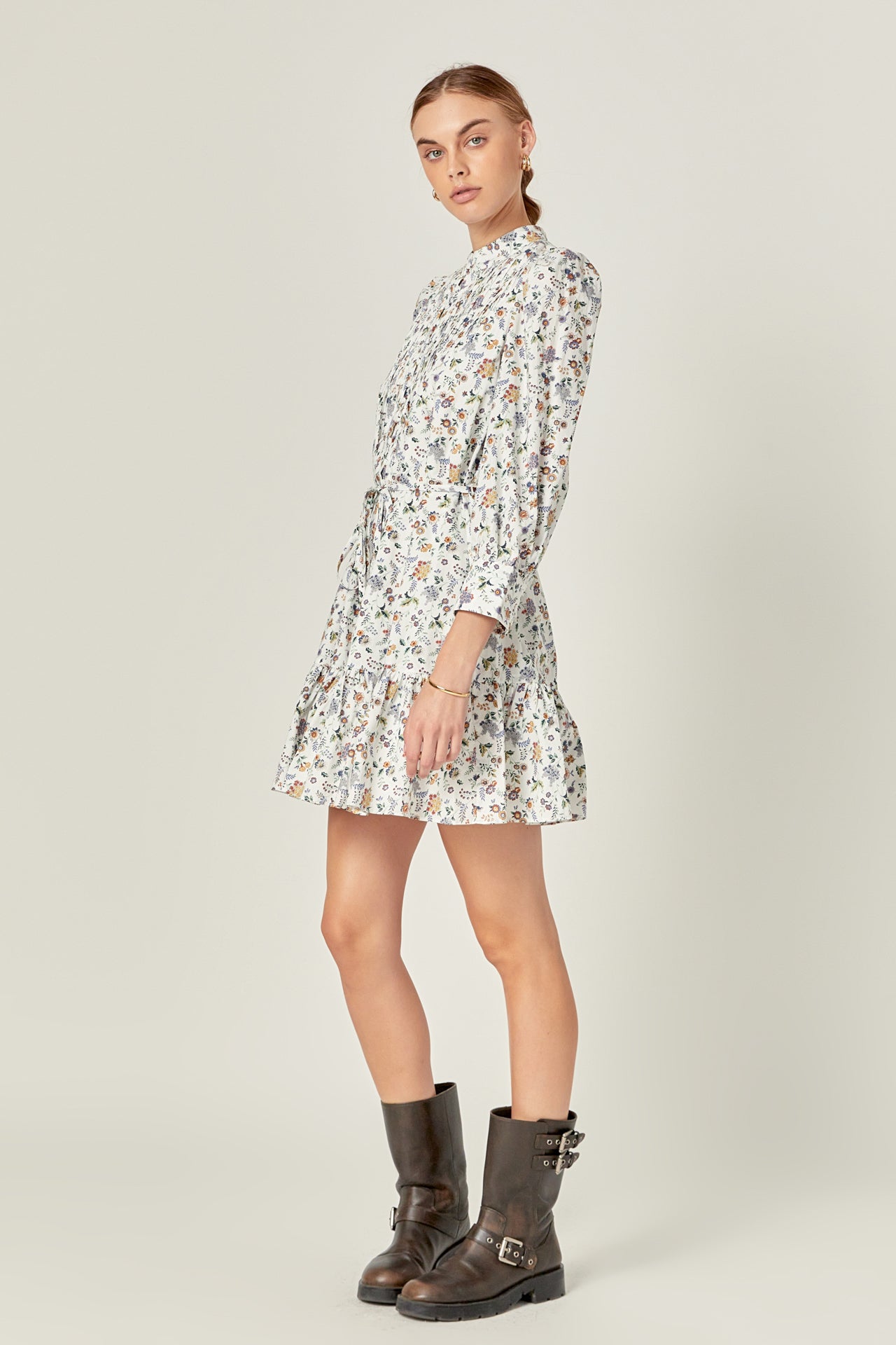 Floral Print Pintuck Smock Mini Dress – English Factory