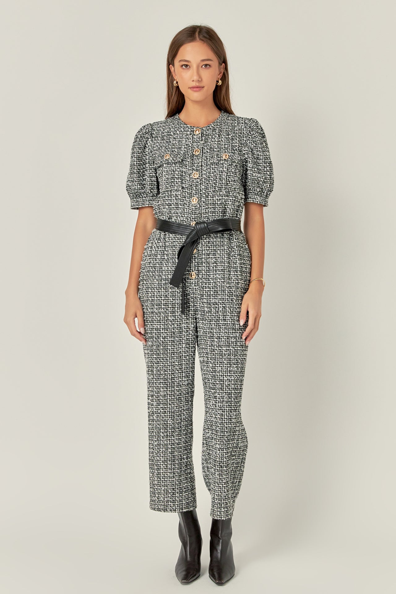 English Factory Tweed Puff Sleeve Ankle Jumpsuit Black White