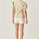 Premium Embroidered Linen Belted Short Sleeve Jacket