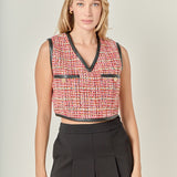 Tweed Vest with Faux Leather Trim