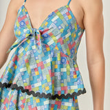 Grid Print Tiered Maxi Dress with Ric Rac Trim