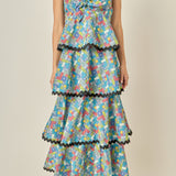 Grid Print Tiered Maxi Dress with Ric Rac Trim
