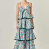 Grid Print Tiered Maxi Dress with Ric Rac Trim