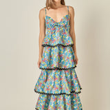 Grid Print Tiered Maxi Dress with Ric Rac Trim
