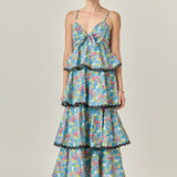 Grid Print Tiered Maxi Dress with Ric Rac Trim