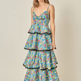 Grid Print Tiered Maxi Dress with Ric Rac Trim