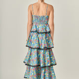 Grid Print Tiered Maxi Dress with Ric Rac Trim