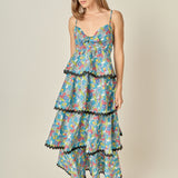 Grid Print Tiered Maxi Dress with Ric Rac Trim