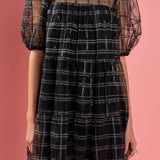 Embroidered Mesh Puff Sleeve Mini Tiered Dress