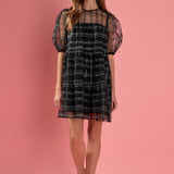 Embroidered Mesh Puff Sleeve Mini Tiered Dress