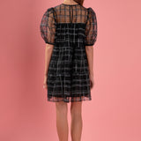 Embroidered Mesh Puff Sleeve Mini Tiered Dress