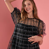 Embroidered Mesh Puff Sleeve Mini Tiered Dress