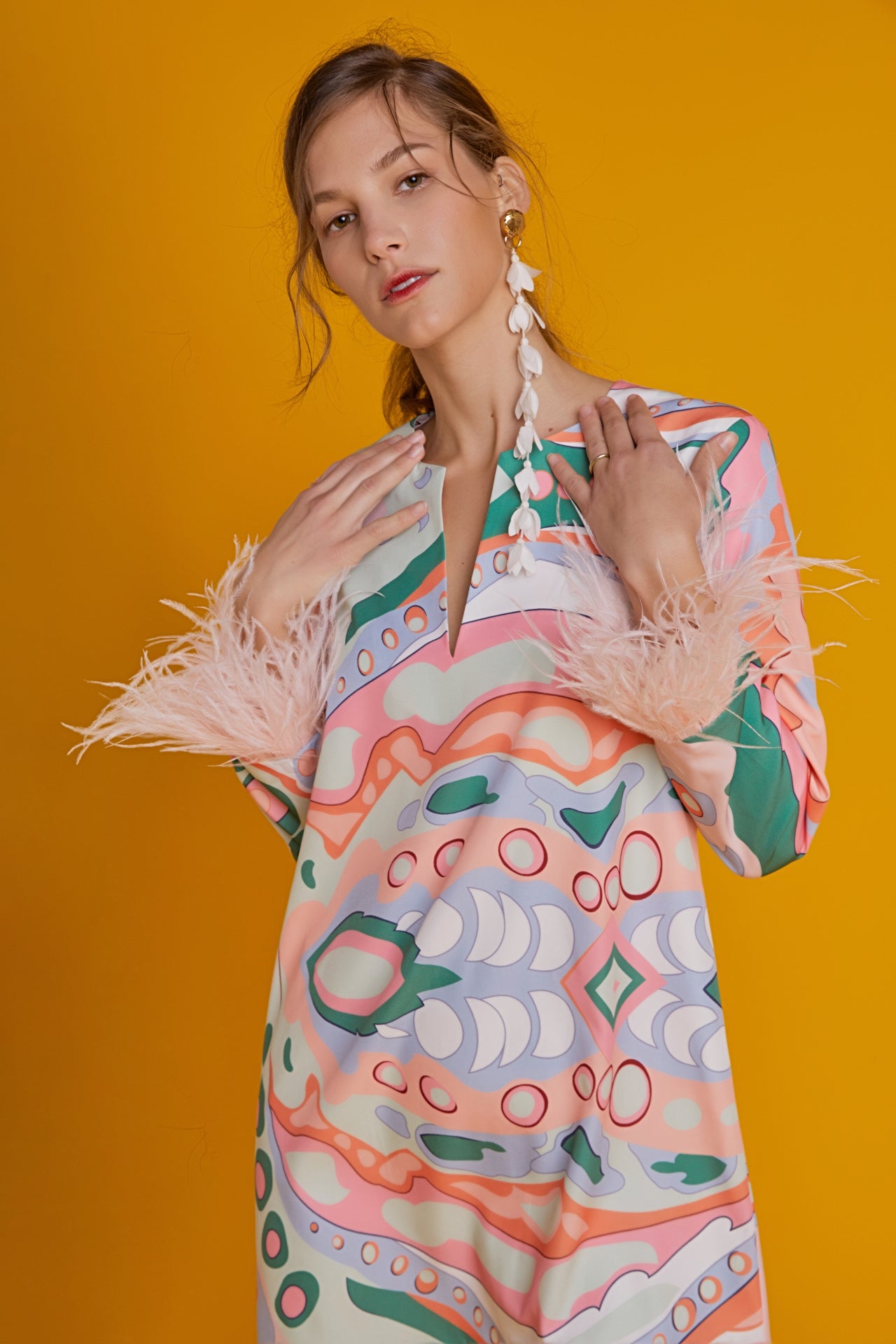 Print Mini Tunic Dress With Feather – English Factory
